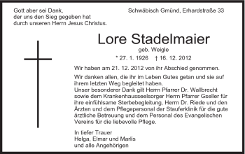 Traueranzeige von Lore Stadelmaier von Gmünder Tagespost