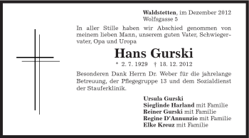 Traueranzeige von Hans Gurski von Gmünder Tagespost