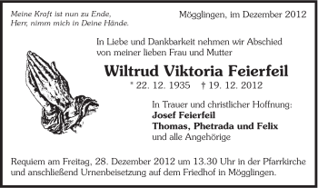 Traueranzeige von Wiltrud Viktoria Feierfeil von Gmünder Tagespost