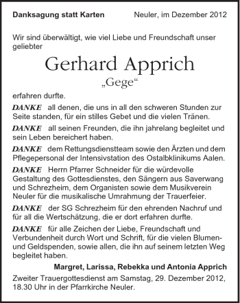 Traueranzeige von Gerhard Apprich von Schwäbische Post