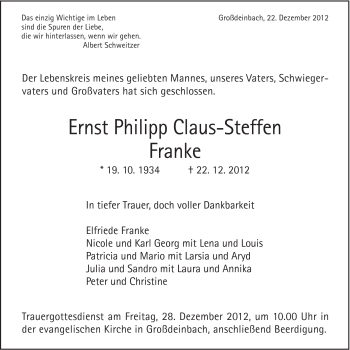 Traueranzeige von Ernst Philipp Claus-Steffen Franke von Gmünder Tagespost