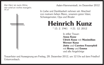 Traueranzeige von Heinrich Kunz von Schwäbische Post