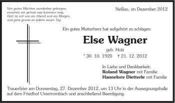 Traueranzeige von Else Wagner von Schwäbische Post