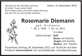 Traueranzeige von Rosemarie Diemann von Schwäbische Post