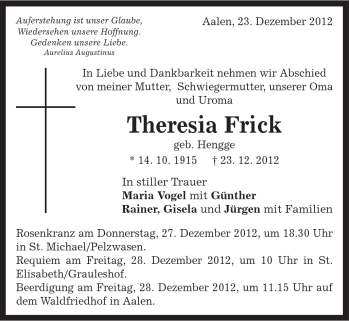 Traueranzeige von Theresia Frick von Schwäbische Post