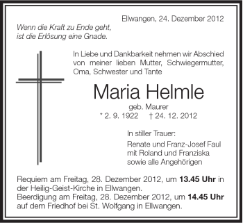Traueranzeige von Maria Helmle von Schwäbische Post