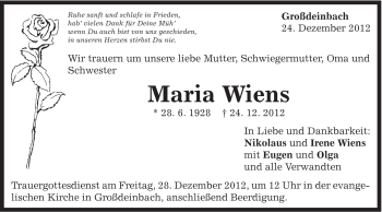 Traueranzeige von Maria Wiens von Gmünder Tagespost