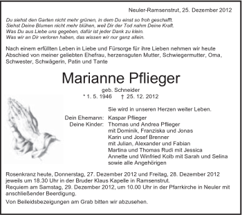 Traueranzeige von Marianne Pflieger von Schwäbische Post