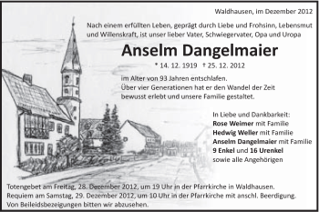 Traueranzeige von Anselm Dangelmaier von Schwäbische Post
