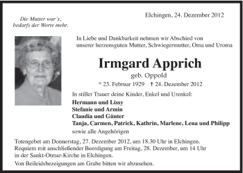 Traueranzeige von Irmgard Apprich von Schwäbische Post