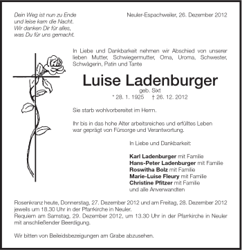 Traueranzeige von Luise Ladenburger von Schwäbische Post