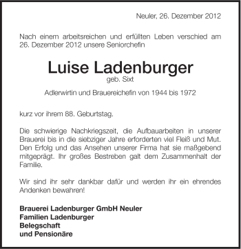 Traueranzeige von Luise Ladenburger von Schwäbische Post