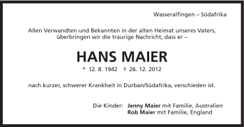 Traueranzeige von Hans Maier von Schwäbische Post