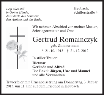 Traueranzeige von Gertrud Romainczyk von Gmünder Tagespost