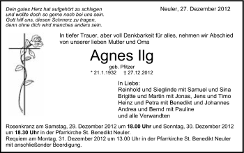 Traueranzeige von Agnes Ilg von Schwäbische Post