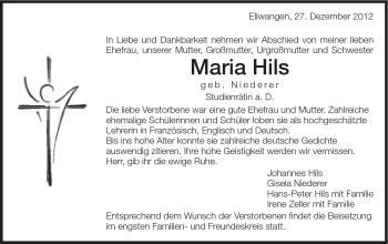 Traueranzeige von Maria Hils von Schwäbische Post