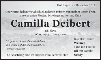 Traueranzeige von Camilla Deibert von Schwäbische Post