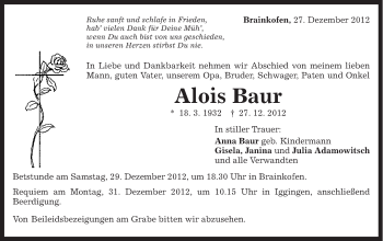 Traueranzeige von Alois Baur von Gmünder Tagespost