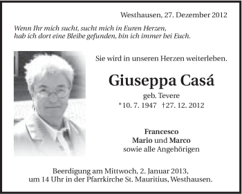 Traueranzeige von Giuseppa Casa von Schwäbische Post