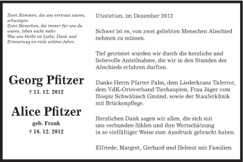 Traueranzeige von Georg und Alice Pfitzer von Gmünder Tagespost