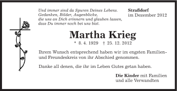 Traueranzeige von Martha Krieg von Gmünder Tagespost