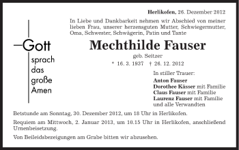 Traueranzeige von Mechthilde Fauser von Gmünder Tagespost