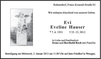 Traueranzeige von Eveline Hauser von Gmünder Tagespost
