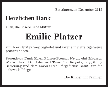 Traueranzeige von Emilie Platzer von Gmünder Tagespost