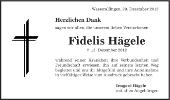 Traueranzeige von Fidelis Hägele von Schwäbische Post