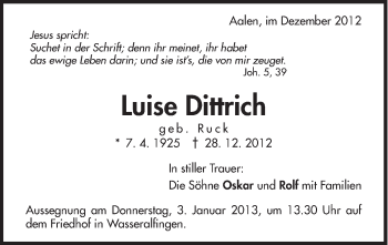 Traueranzeige von Luise Dittrich von Schwäbische Post