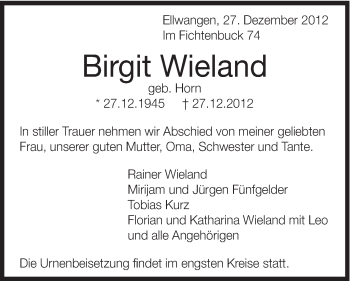 Traueranzeige von Birgit Wieland von Schwäbische Post