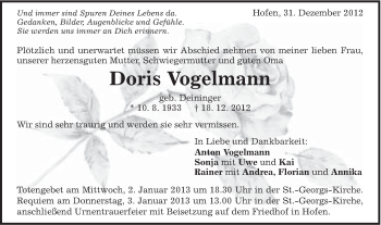 Traueranzeige von Doris Vogelmann von Schwäbische Post
