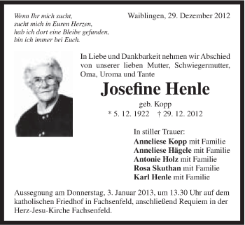 Traueranzeige von Josefine Henle von Schwäbische Post