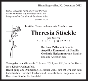 Traueranzeige von Theresia Stöckle von Schwäbische Post