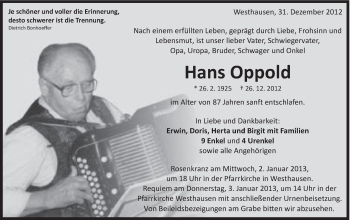 Traueranzeige von Hans Oppold von Schwäbische Post
