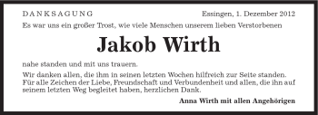 Traueranzeige von Jakob Wirth von Schwäbische Post