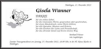 Traueranzeige von Gisela Wanner von Schwäbische Post