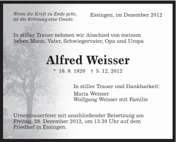 Traueranzeige von Alfred Weisser von Schwäbische Post