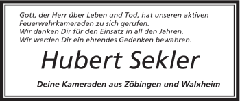 Traueranzeige von Hubert Sekler von Schwäbische Post