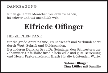 Traueranzeige von Elfriede Offinger von Schwäbische Post