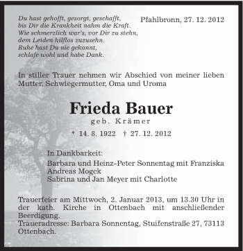 Traueranzeige von Frieda Bauer von Gmünder Tagespost