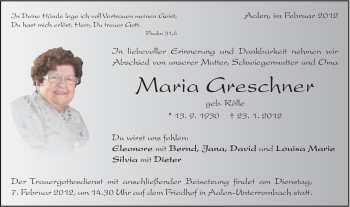 Traueranzeige von Greschner Maria von Schwäbische Post