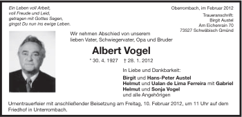 Traueranzeige von Albert Vogel von Schwäbische Post