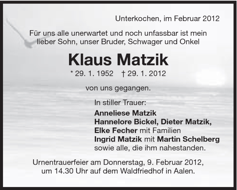  Traueranzeige für Klaus Matzik vom 08.02.2012 aus Schwäbische Post