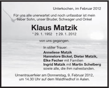 Traueranzeige von Klaus Matzik von Schwäbische Post