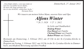 Traueranzeige von Alfons Winter von Gmünder Tagespost
