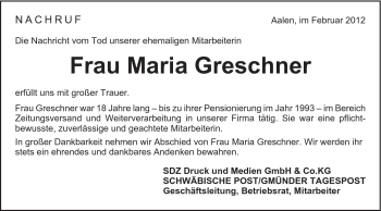 Traueranzeige von Maria Greschner von Schwäbische Post