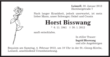 Traueranzeige von Horst Bisswang von Gmünder Tagespost