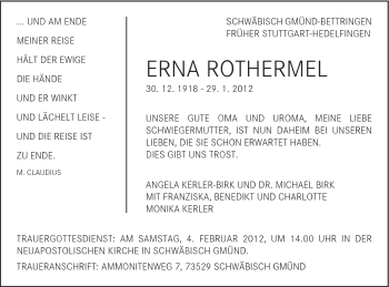 Traueranzeige von Erna Rothermel von Gmünder Tagespost