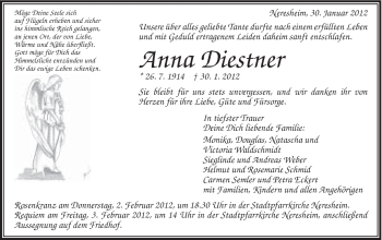 Traueranzeige von Anna Diestner von Schwäbische Post